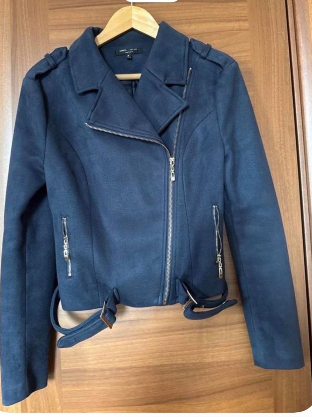 Romeo & Juliet Couture Navy Blue Faux Suede Moto Women’s Jacket